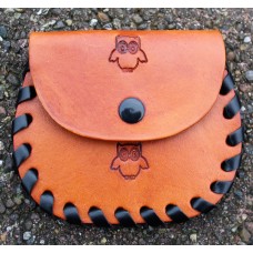Handcrafted Leather Tan Pocket Coin Purse With Owl Logo.